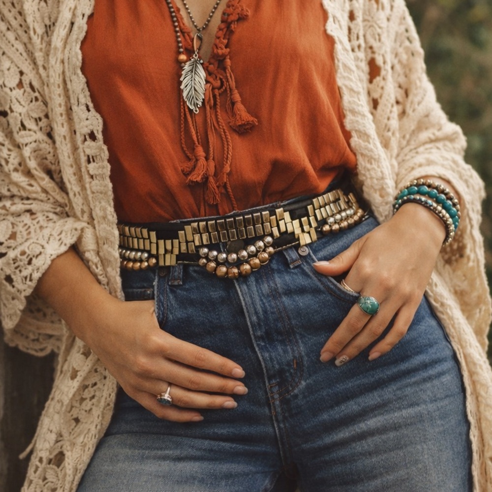 Vintage 80s Statement Belt | Geometric Metal + Beaded Multi-Strand Waist Belt